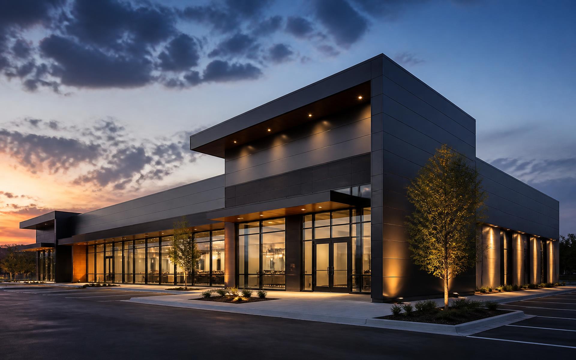 Completed modern commercial building at dusk