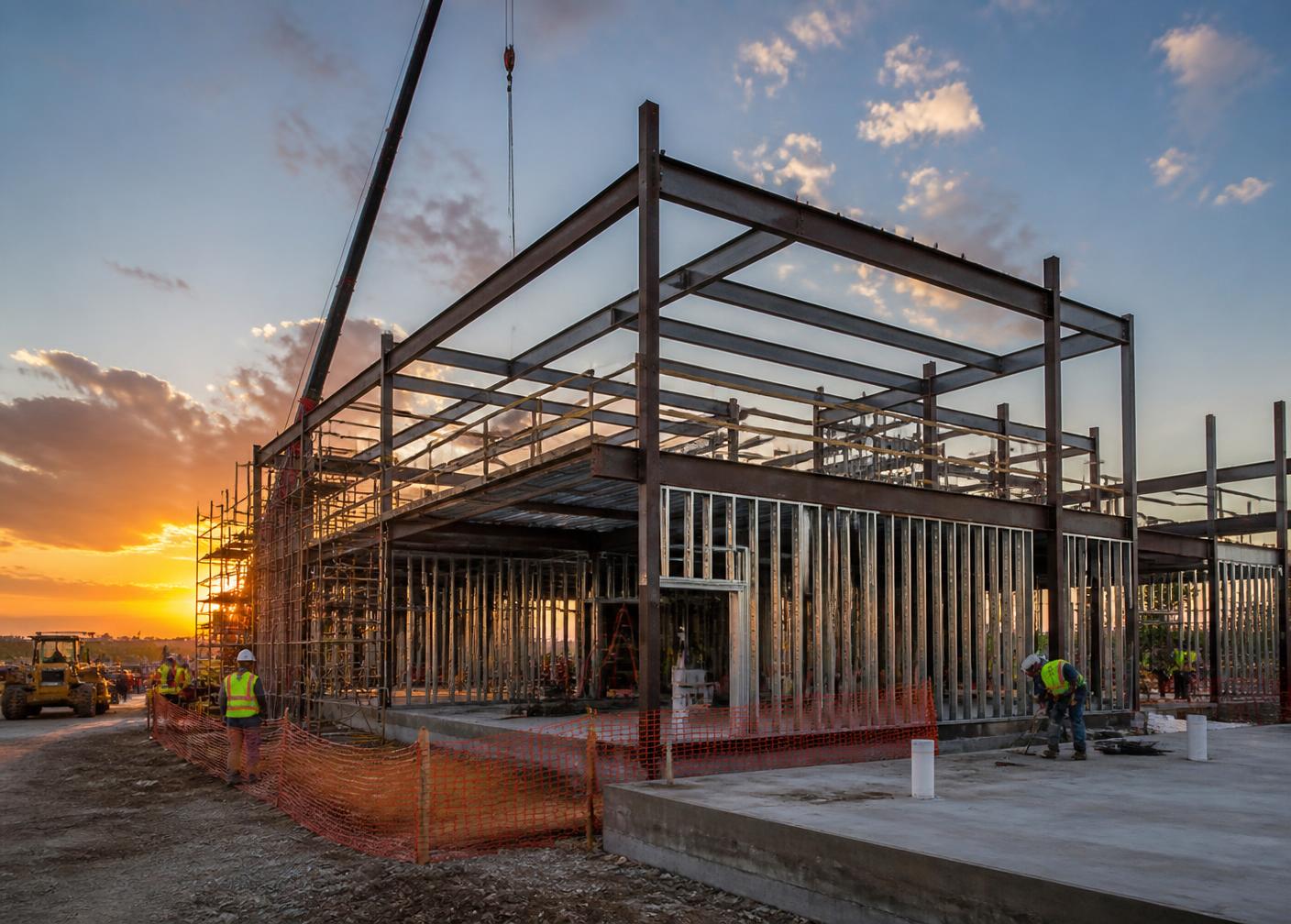 Commercial facility under construction with steel framing and scaffolding